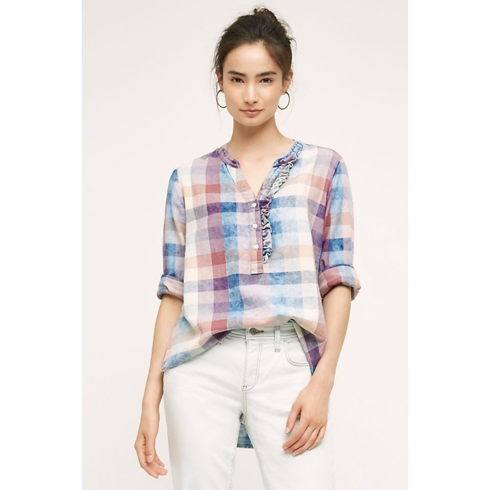 ANTHROPOLOGIE Isabella Sinclair Ruffle Henley Top Cotton Pastel Long Sleeve S